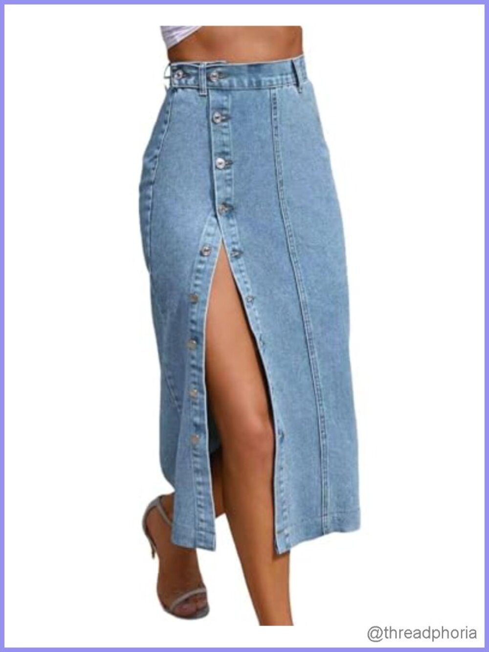 A-Line High Rise Midi Denim Skirt Button Front Slit Cotton